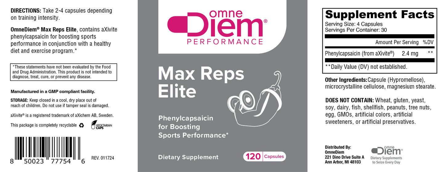 Max Reps Elite Capsules - Phenylcapsaicin Sports Performance Supplement - 120 ct S